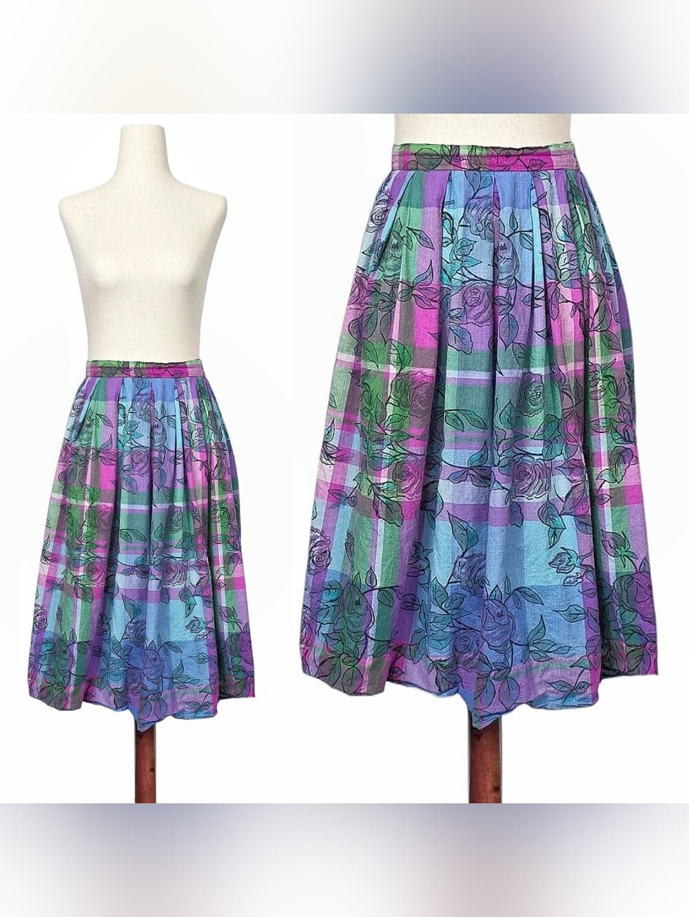1980s Vintage Skirt 80s Plaid Floral Midi Pleat Pockets Cotton Small Rose A Line